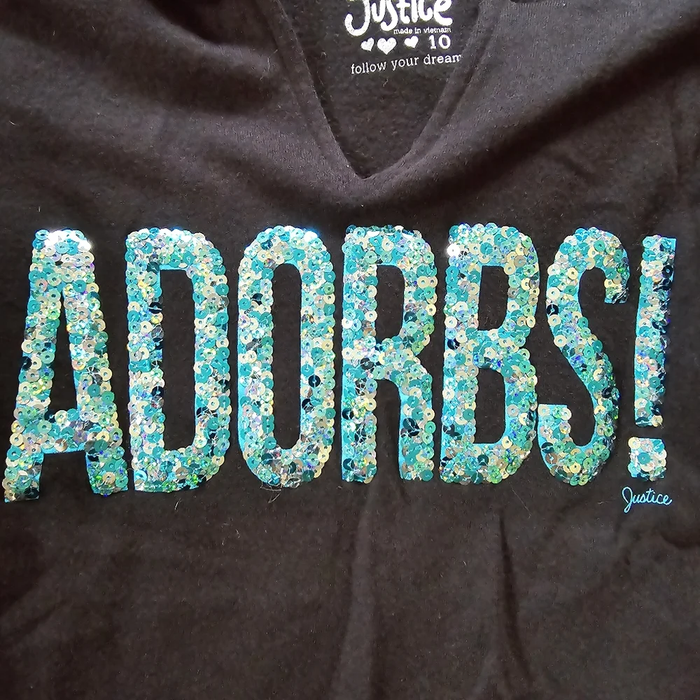 Justice Girls Hoodie Youth Adorbs Sparkle Teal Silver Cotton Polyester 10 Black